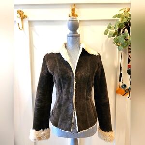Express Real Leather Brown and Cream Teddy Jacket with Plush Texture Sixe XS